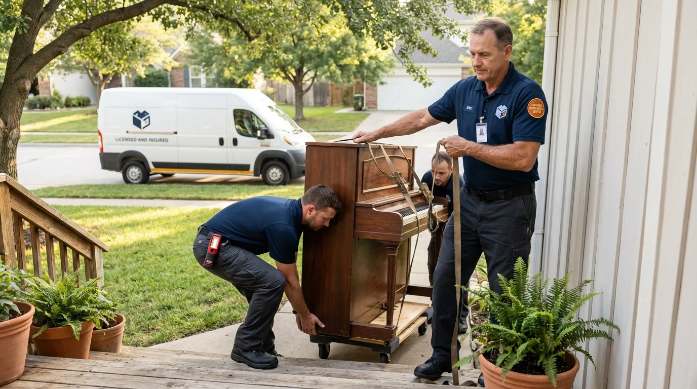 Licensed piano movers securing grand piano in Spring Grove, MN