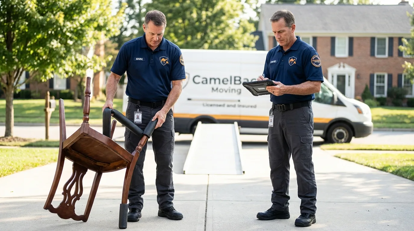 Movers inspecting furniture for damage prevention before loading in Spring Grove, MN