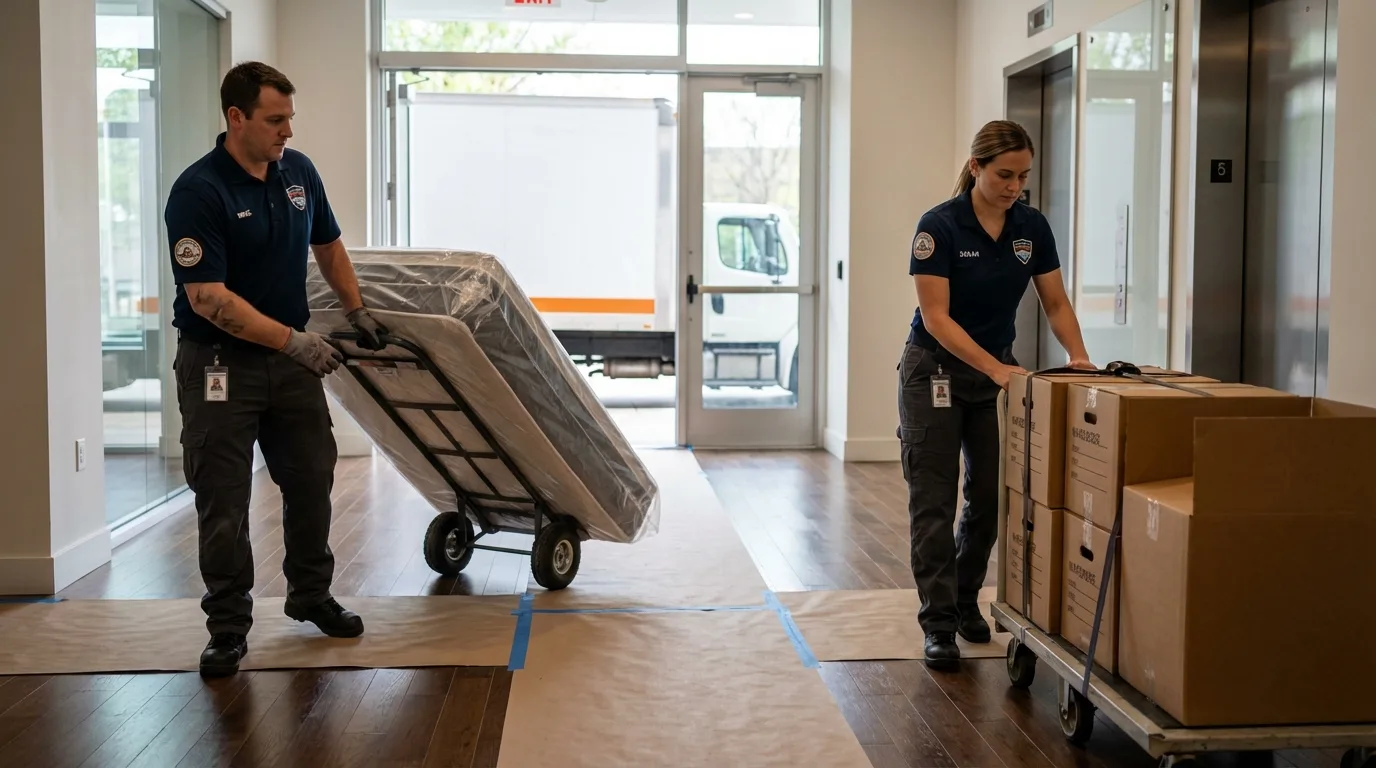 Professional apartment movers loading elevator in Spring Grove, MN